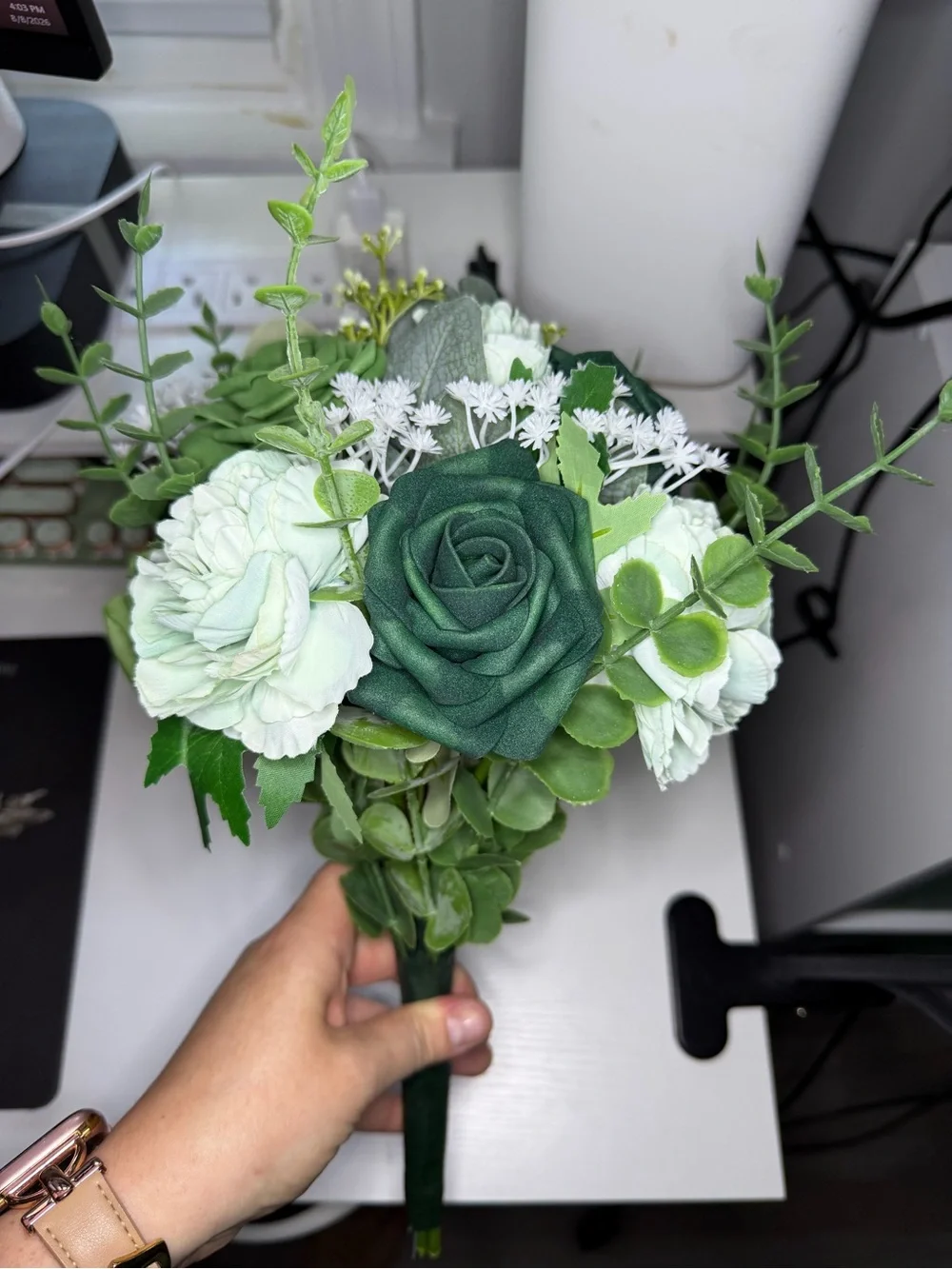 Artificial Green and White Floral Bouquet - Elegant Home Accent
